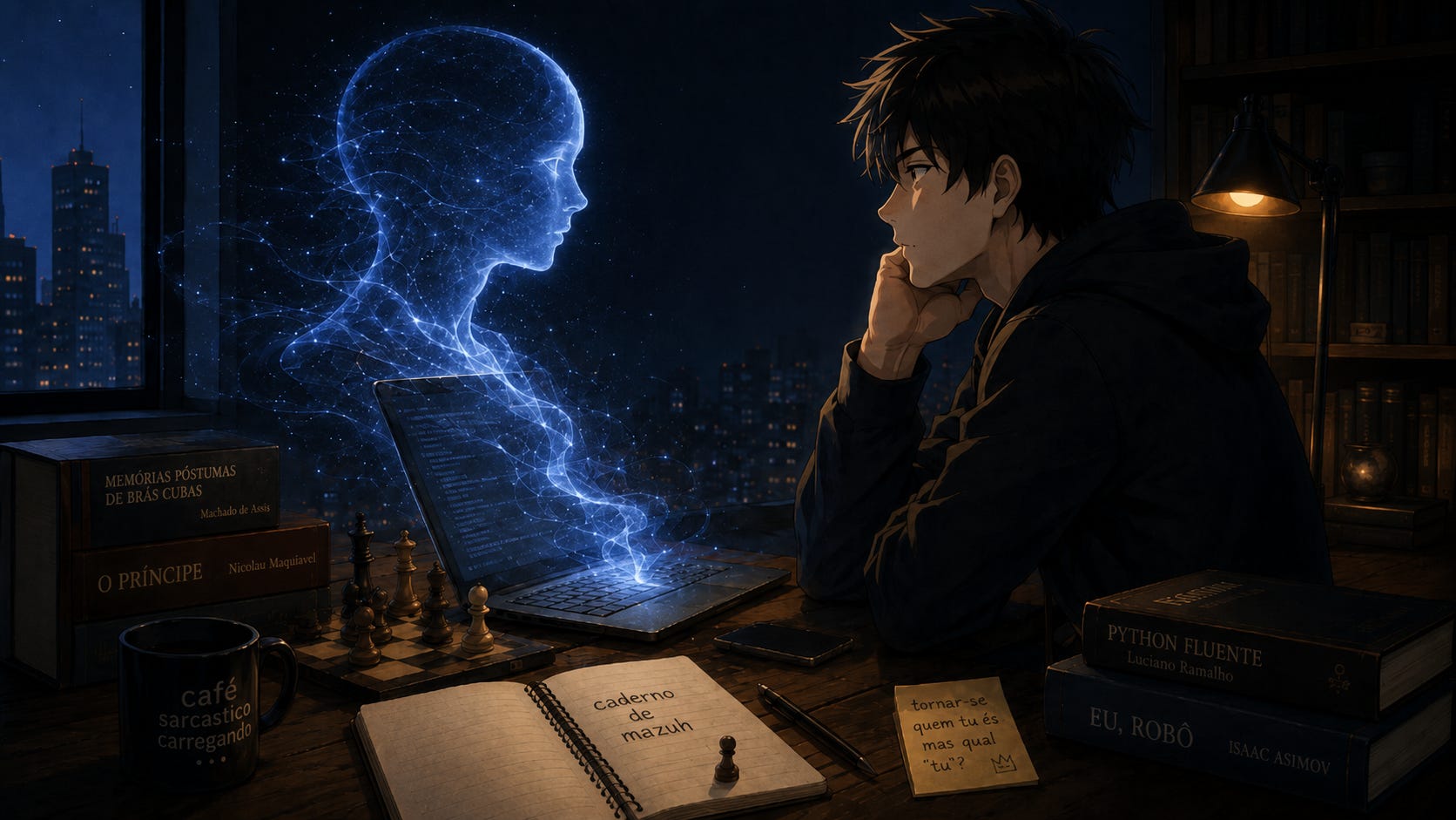 Jovem à noite encara um holograma azul que emerge de um notebook, em uma mesa com livros, xadrez e anotações. Jovem à noite encara um holograma azul que emerge de um notebook, em uma mesa com livros, xadrez e anotações.