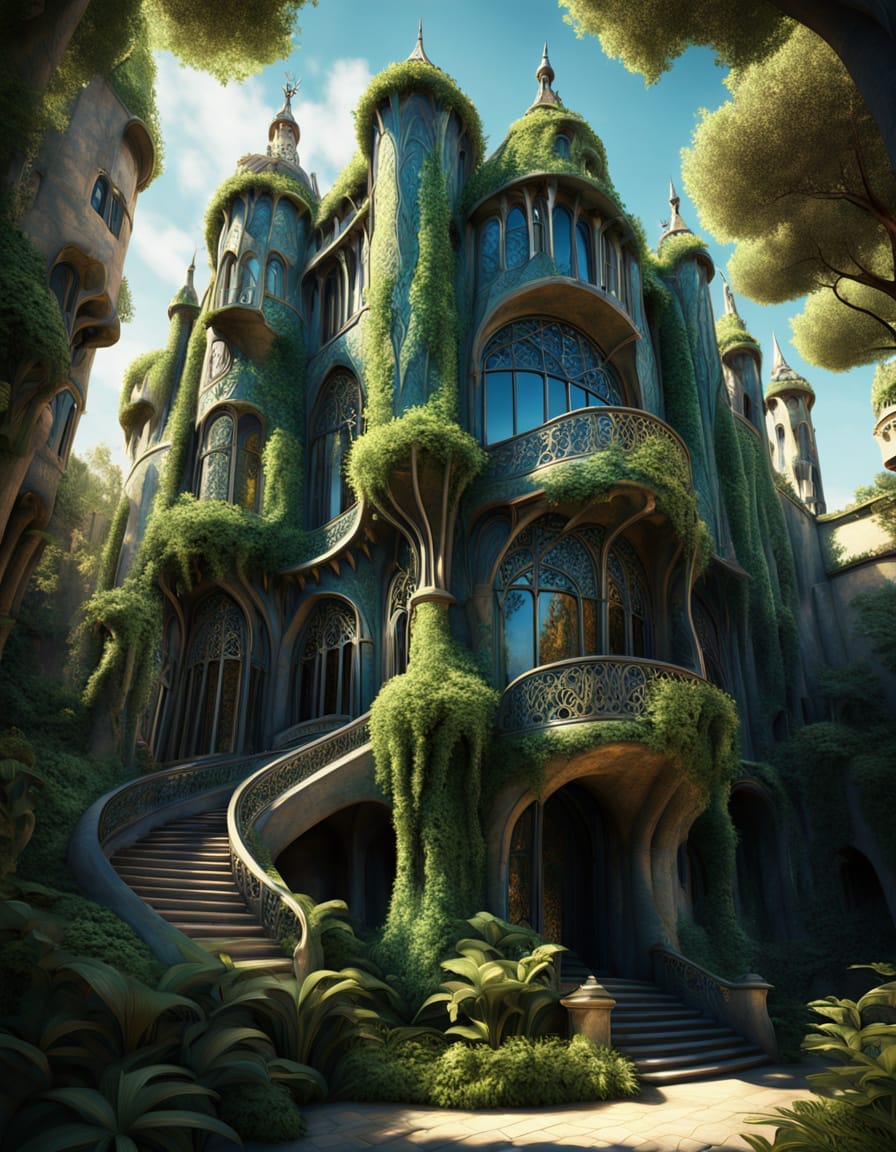 A fantasy palace in Art Nouveau style with curvy supports and elegant design, covered with kudzu vines. Sunny day, forest setting