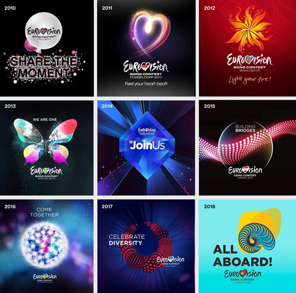 3x3 grid of Eurovision logo cards from 2010-2018. 3x3 grid of Eurovision logo cards from 2010-2018.