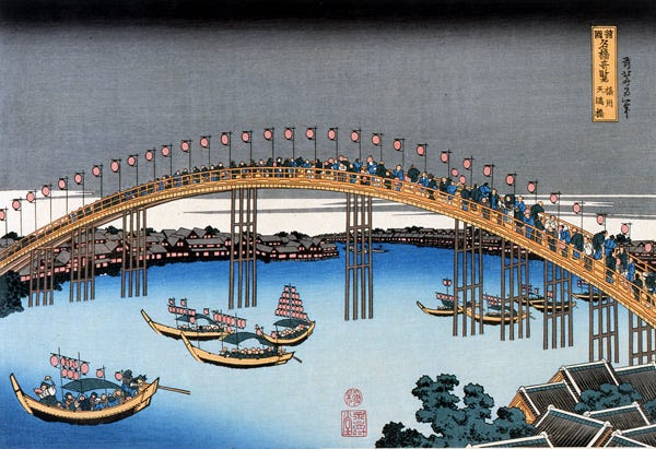 Two pictures of Tenmabashi, one from the Edo era, and one from the early twenty-first century. The Edo era bridge curves across the water on tall pillars of wood, while the modern bridge goes flat across the river and is made of metal and concrete.