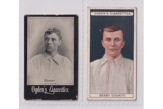 Cigarette cards, Ogden's, S Bloomer, Derby County, two different cards, Tabs General Interest item - Image 1 of 2