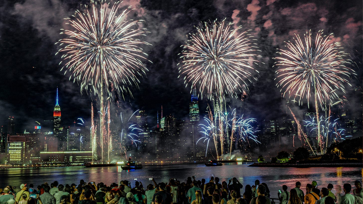 Spectators gather along Williamsburg's waterfront on the East River above Manhattan's skyline, Monday, July 4, 2022.