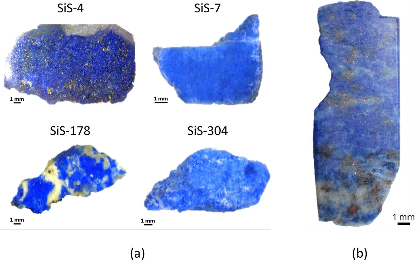 Lapis lazuli working fragments embedded in resin and polished from Shahr-i Sokhta (3rd millennium BCE, Iran). b Lapis lazuli tessera from Tanis (1050–700 BCE, XXI-XXII dynasties), Egypt Lapis lazuli working fragments embedded in resin and polished from Shahr-i Sokhta (3rd millennium BCE, Iran). b Lapis lazuli tessera from Tanis (1050–700 BCE, XXI-XXII dynasties), Egypt
