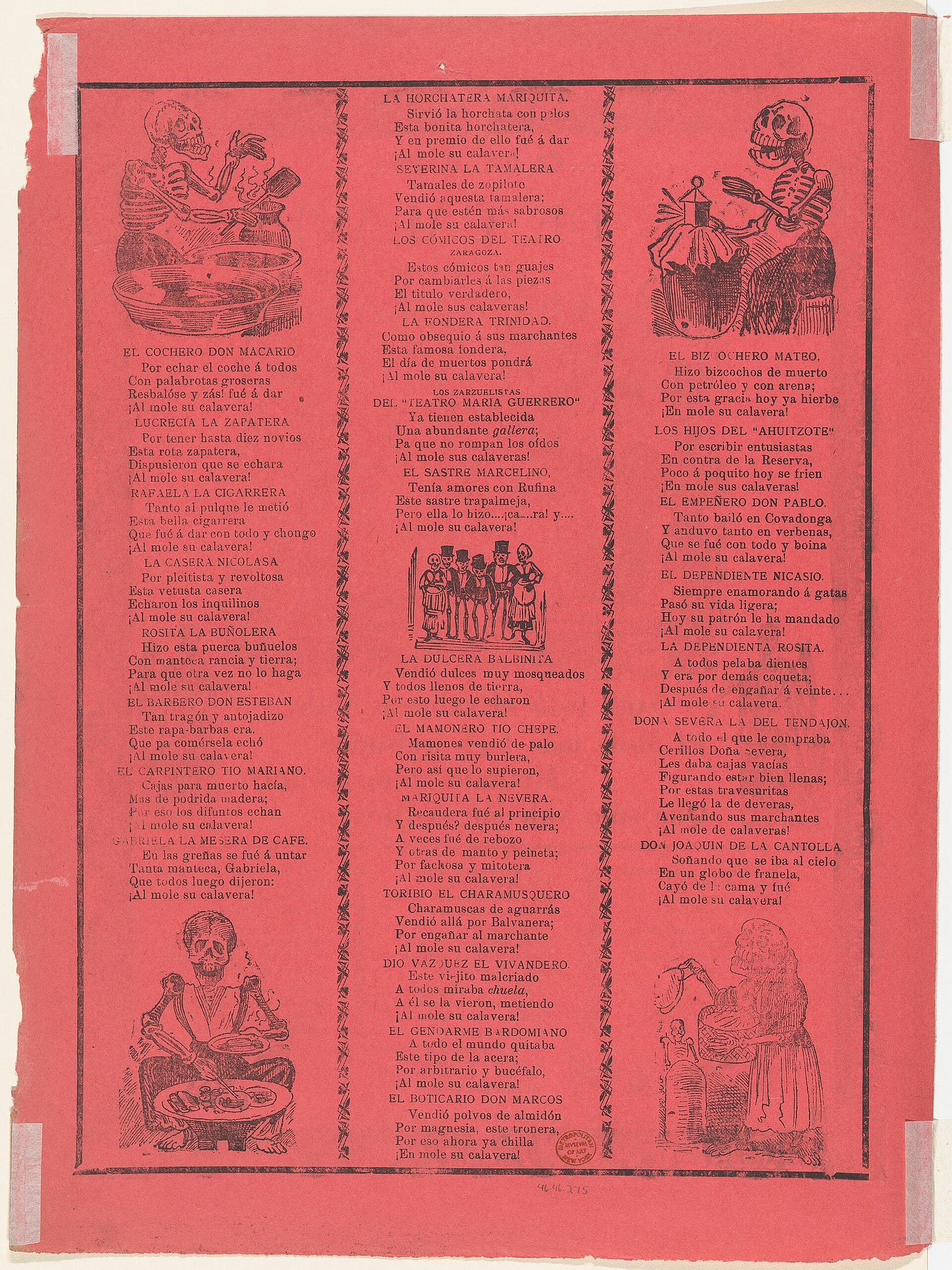 A printed sheet on pink paper titled Gran mole de calaveras: in the center, seated skeletons eat and drink around plates in a cemetery, a standing skeleton with a scythe on each side, and columns of verse below. A printed sheet on pink paper titled Gran mole de calaveras: in the center, seated skeletons eat and drink around plates in a cemetery, a standing skeleton with a scythe on each side, and columns of verse below.