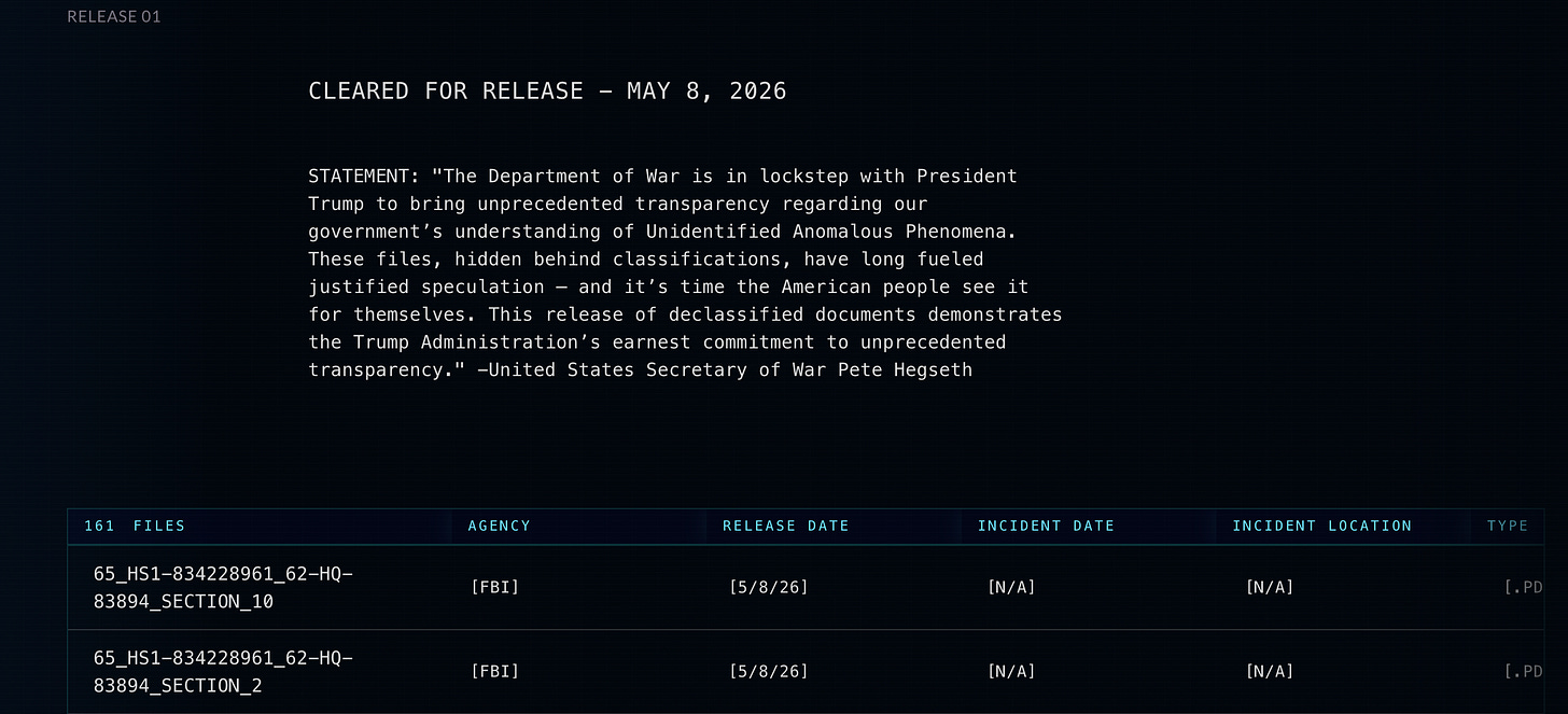 Screen that shows 'STATEMENT: "The Department of War is in lockstep with President Trump to bring unprecedented transparency regarding our government’s understanding of Unidentified Anomalous Phenomena. These files, hidden behind classifications, have long fueled justified speculation — and it’s time the American people see it for themselves. This release of declassified documents demonstrates the Trump Administration’s earnest commitment to unprecedented transparency." -United States Secretary of War Pete Hegseth'