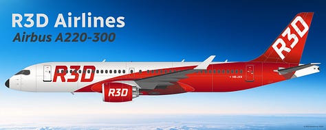 The current R3D Airlines fleet: 1) Airbus A220-300, 2) ATR 72-600, 3) Aria V42 VTOL, 4) Aria V12 VTOL, and 5) Daher Kodiak 900 - all displayed in side view.