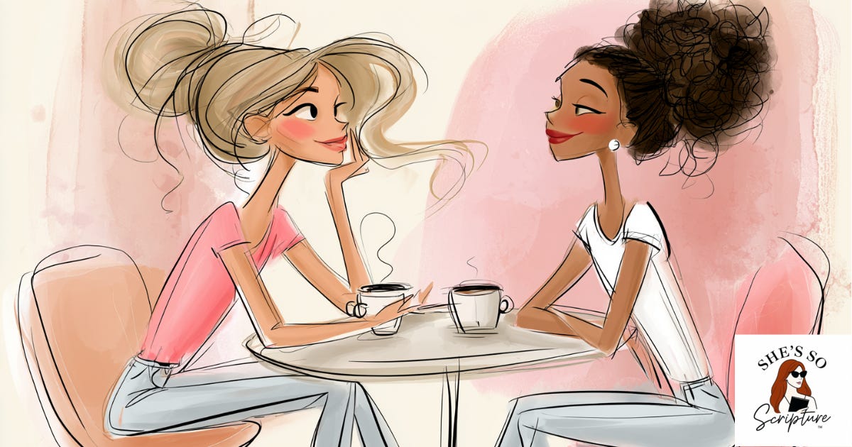 An illustration of two women sitting together at a table with coffee cups, one leaning in with warmth and genuine attentive presence in soft natural light, rendered in a whimsical fashion illustration style with blush pink and cream watercolor tones.