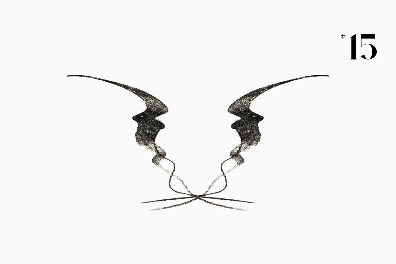 A bilateral, Rorschach-style specimen for the “In Other Words” series from The Subtext Review. The black symmetrical drawing is centered on a cream paper background, labeled as Puzzle No. 15 in a classic serif typeface.