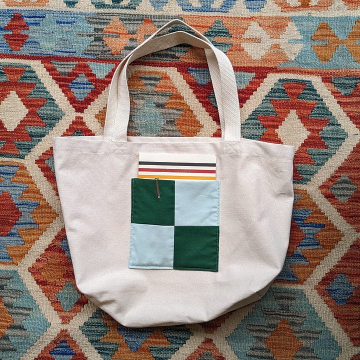 A patchwork pocket tote, Jogger style sweatpants