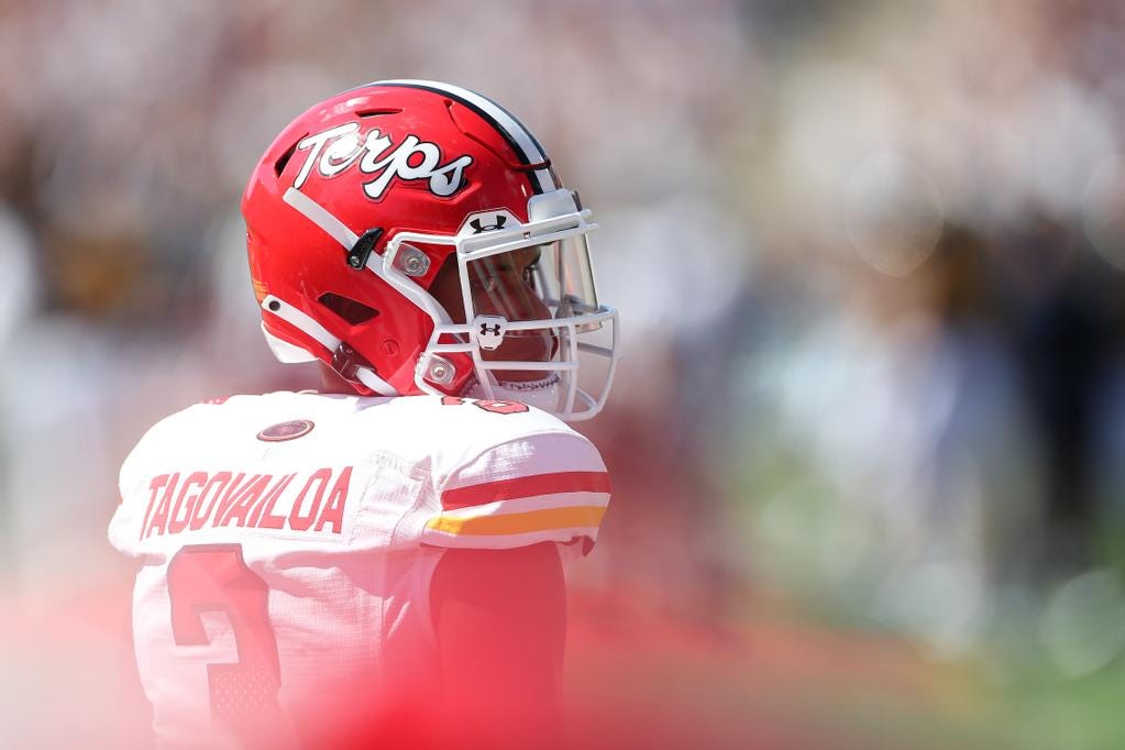 Football vs. West Virginia - Image 26: quarterback Taulia Tagovailoa (3)  during pregame warmups. Maryland Terrapins vs. West Virginia Mountaineers  at Capital One Field at Maryland Stadium in College Park, MD on