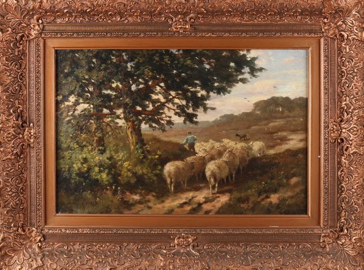 'Landschap met herder en schapen' - Olieverf op paneel: M.J. Nefkens (kavel 1060)
