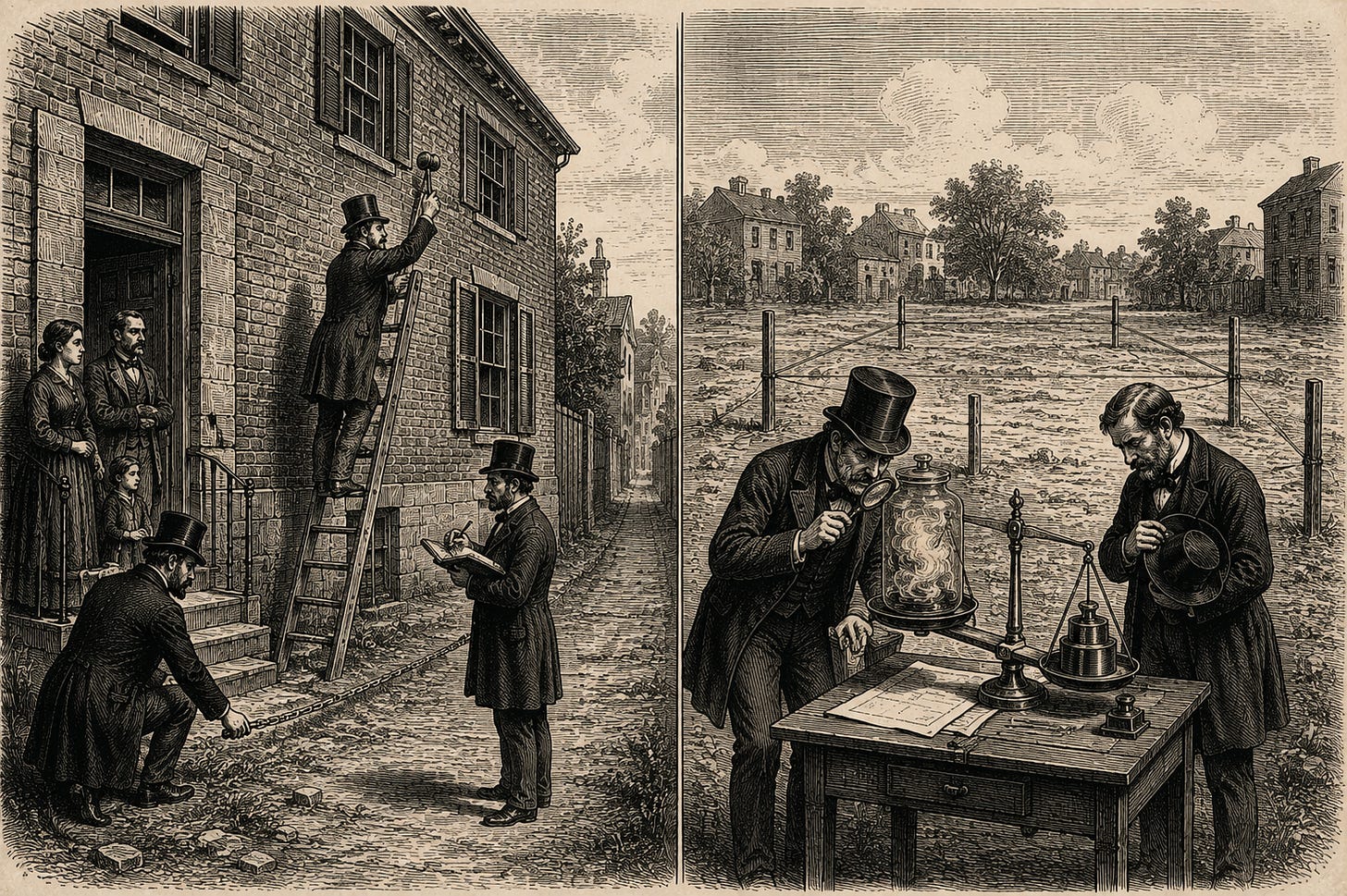 Wood-engraving editorial illustration in the Thomas Nast Harper's Weekly style for Attention Capital's essay The Default Nobody Declared, contrasting the subprime mortgage crisis with digital advertising. On one side of a lane, surveyors sound and measure a solid brick house; on the other, appraisers weigh a sealed jar of smoke on a scale that cannot register it, beside an empty staked lot. The image argues the essay's central correction to Tim Hwang's subprime metaphor: subprime wrote bad paper against a real asset, while advertising's exposure market never held an asset at all. Keywords: subprime attention crisis, programmatic advertising, digital advertising bubble, attention as an asset, media finance.