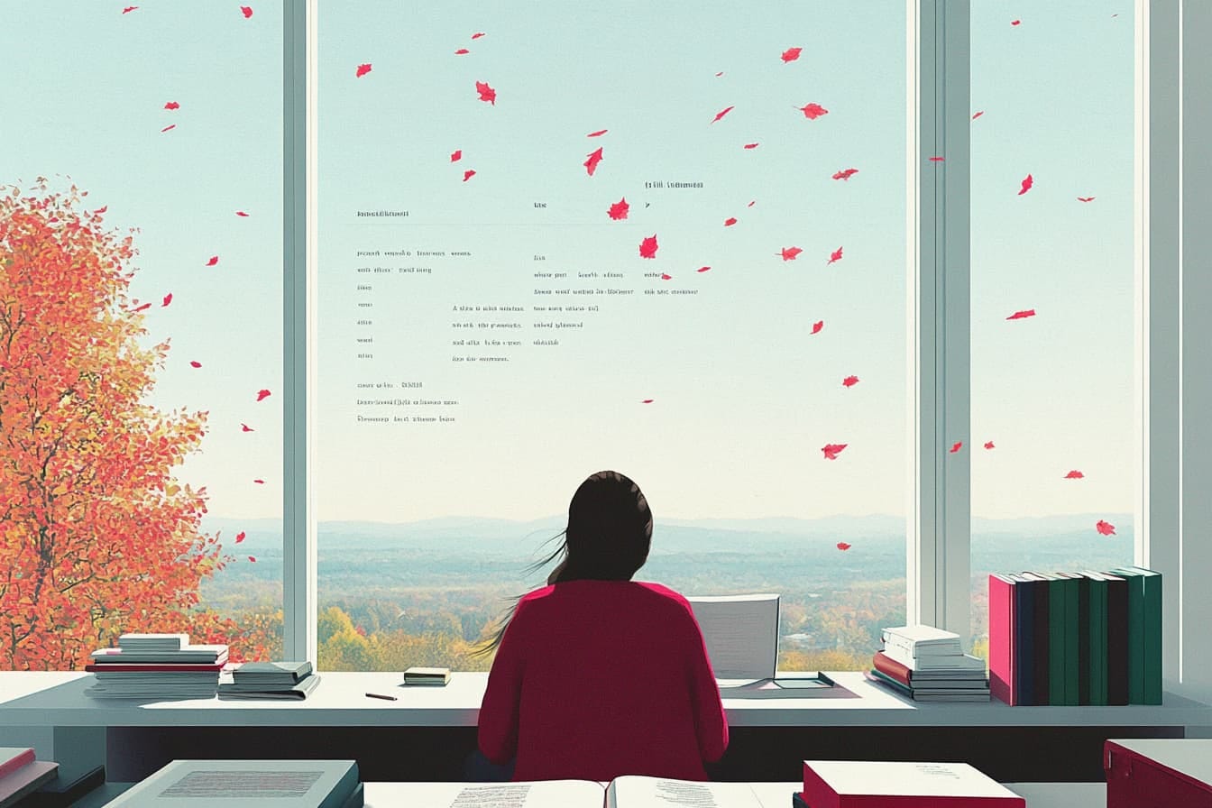 a writer looking out a vast window on a fall day, surrounded by books, with a timeline of words printed on the window