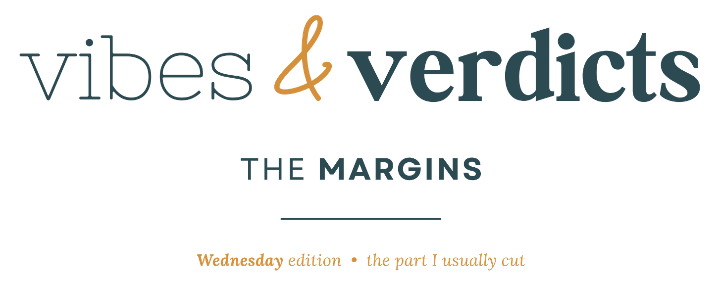 vibes and verdicts logo with the margins subheading