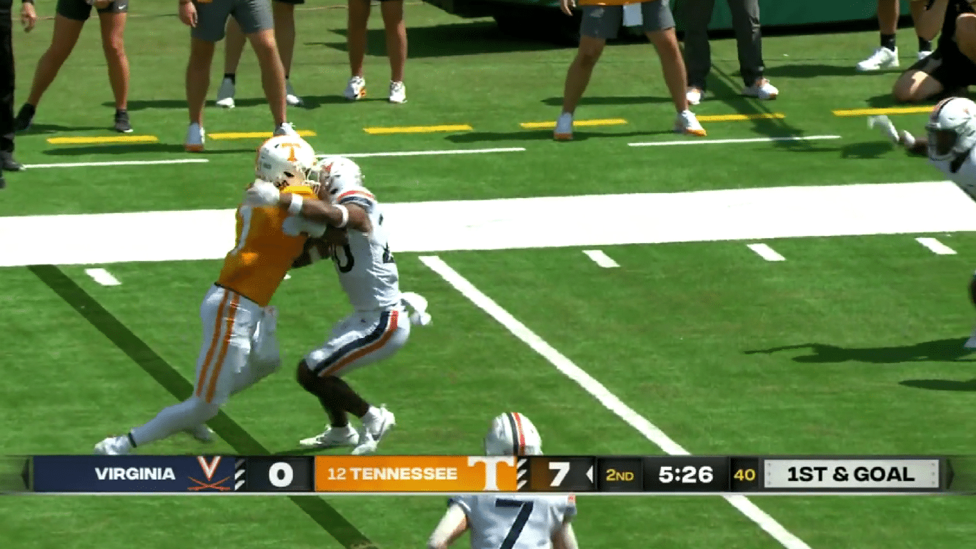 Joe Milton III delivers bruising stiff-arm against Virginia defender