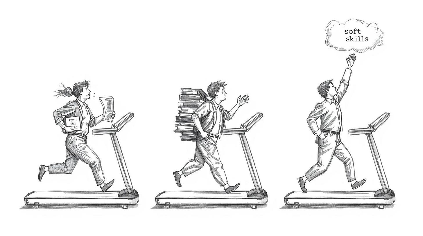 Three people on treadmills representing failed AI adaptation strategies going nowhere