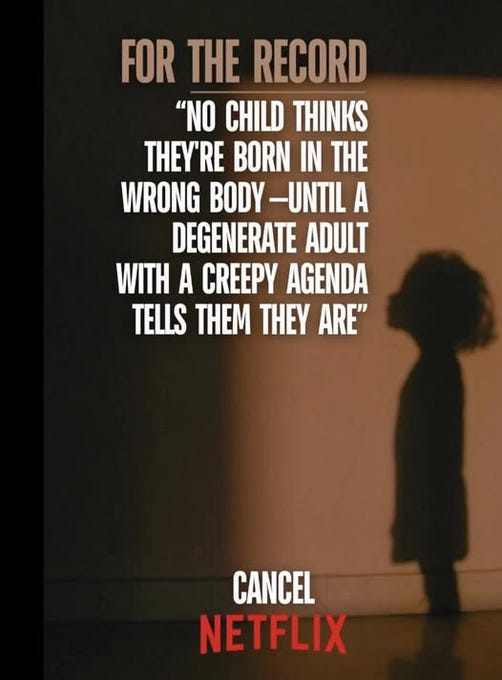 A silhouette of a child standing against a gradient background. Text overlay reads "FOR THE RECORD" at the top, "No child thinks they\'re born in the wrong body—until a degenerate adult with a creepy agenda tells them they are" in the center, and "Cancel NetFlix" in red at the bottom.