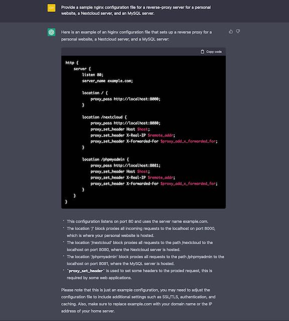 ChatGPT produced a workable nginx reverse-proxy configuration file upon request, together with a description of how the configuration file works.