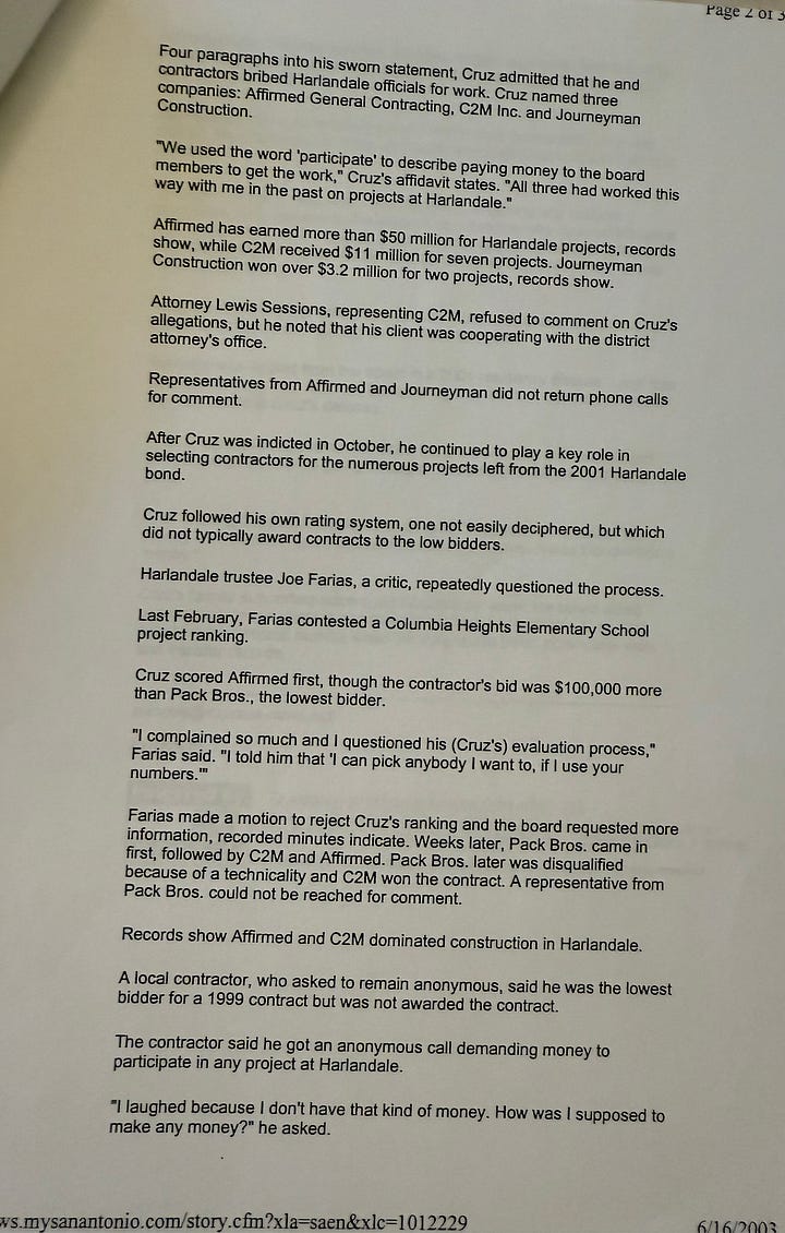 Story as published by the San Antonio Express-News based on beleaguered architect Louis Cruz's confession detailing a mafia-style kickback system where construction contractors paid Harlandale School Board member to get work in school construction. Click on image to read the clip. (Mc Nelly Torres | Don't Forget My Voice)
