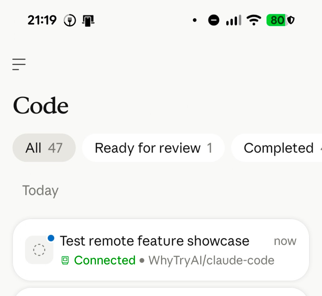 Smartphone screen showing the Claude Code mobile app with the same "Test remote feature showcase" session listed as Connected. Smartphone screen showing the Claude Code mobile app with the same "Test remote feature showcase" session listed as Connected.