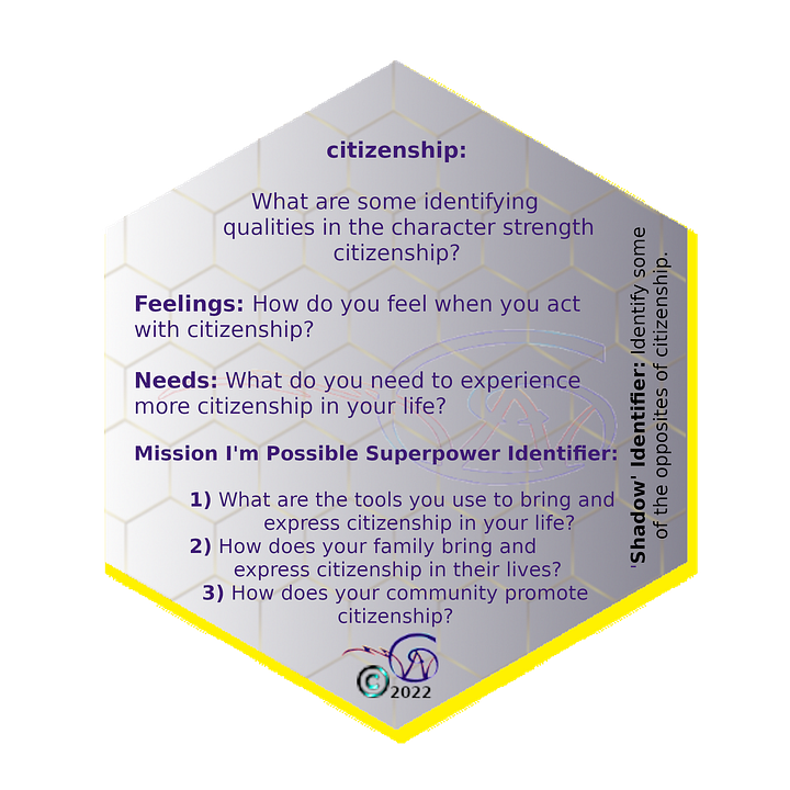 game card, VIA Character Strengths and Virtues, Citizenship, Badge, definition and missions for the game SparkITude.