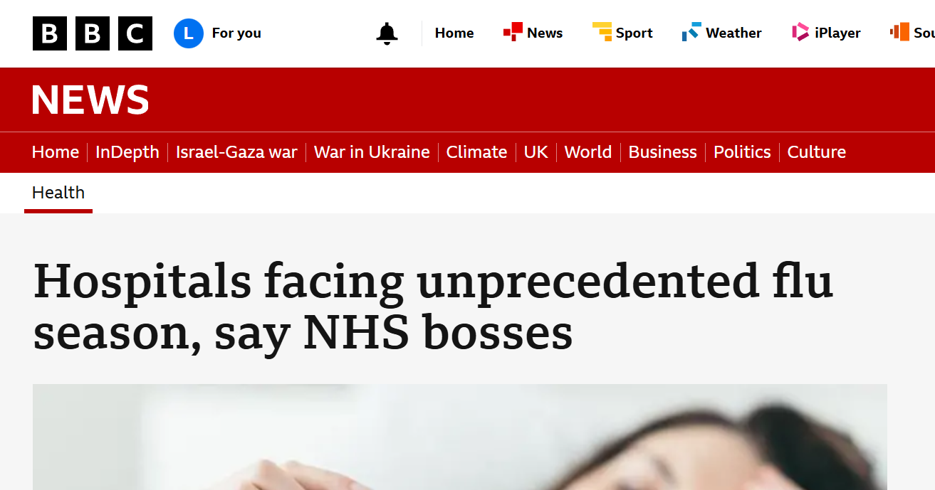 BBC news article with headline "Hospitals facing unprecedented flu season, say NHS bosses"