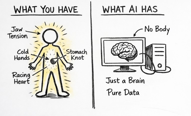 Hand-drawn whiteboard illustration comparing “What You Have” versus “What AI Has,” showing a human figure with embodied sensations labeled (jaw tension, cold hands, racing heart, stomach knot) contrasted with a computer displaying only a brain labeled “just a brain” and “pure data,” illustrating the embodied writing advantage humans have over AI.