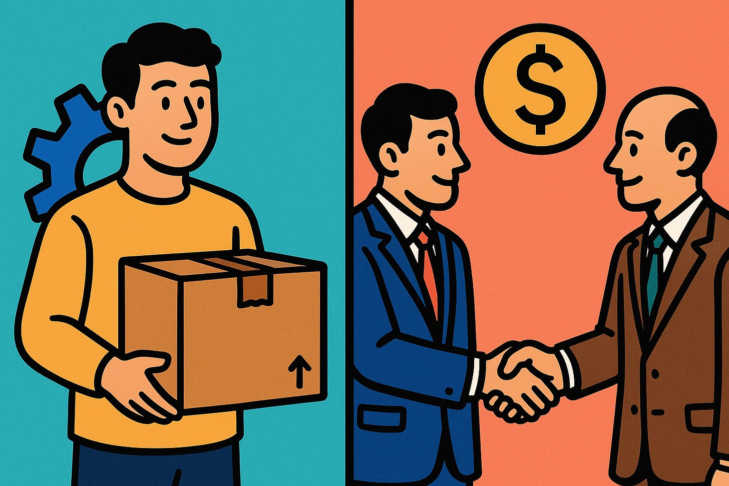Stylized vector art split scene: determined founder on one side, investor shaking hands on the other, bold lines and colors.