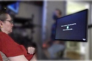 A participant is using the inner speech neuroprosthesis. The text above is the cued sentence, and the text below is what's being decoded in real-time as she imagines speaking the sentence. 