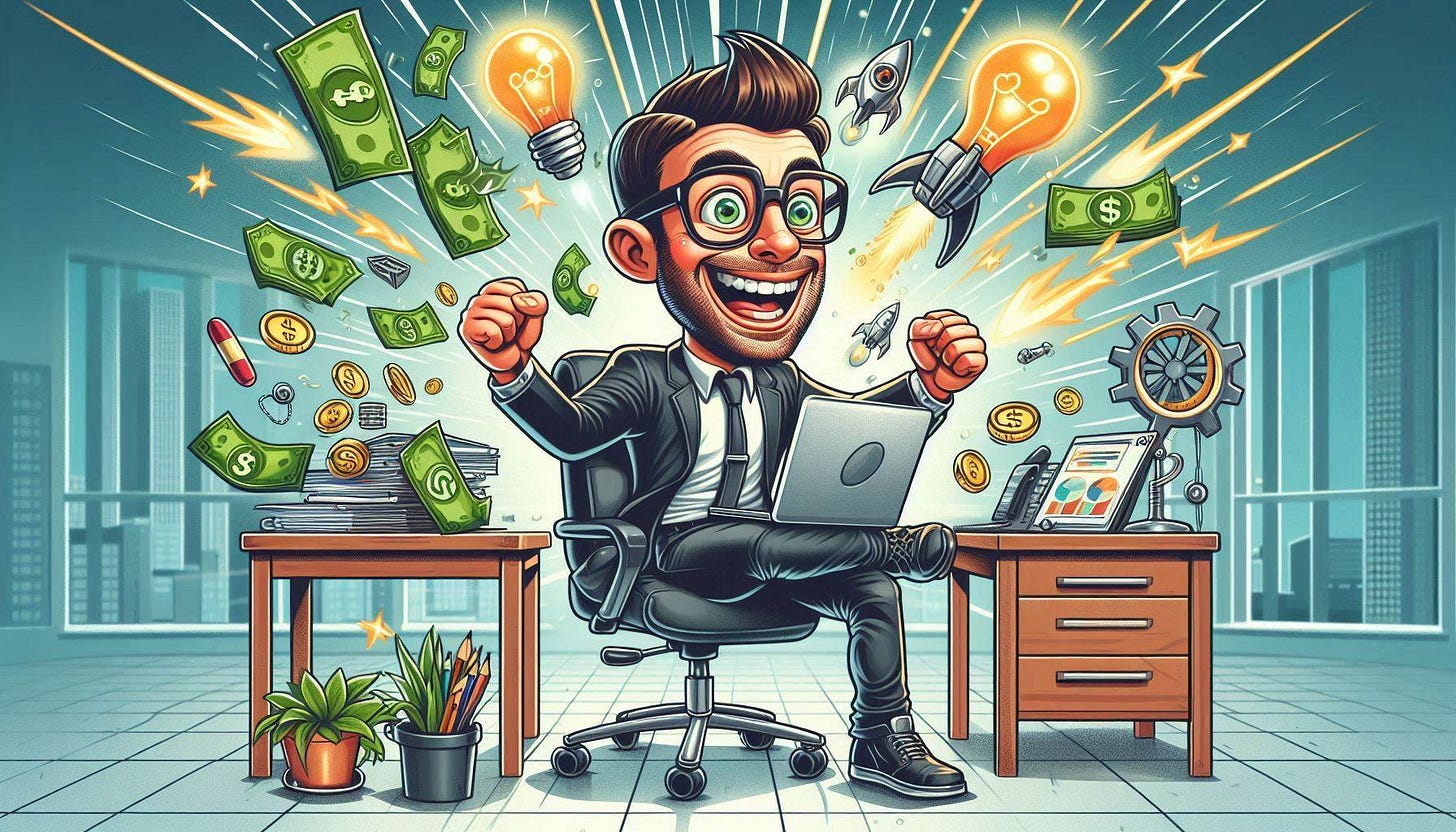 Ilustración caricaturesca, hiperdetallada y al estilo satírica, de un exitoso empresario ejecutivo en una pequeña oficina, usando alegremente ChatGPT en una laptop futurista. A su alrededor, flotan elementos visuales simbólicos: dinero volando, bombillas encendidas (ideas), engranajes en movimiento (automatización) y un cohete despegando (éxito). El personaje luce enérgico y visionario, vestido con un atuendo de negocios moderno y rasgos expresivos. 