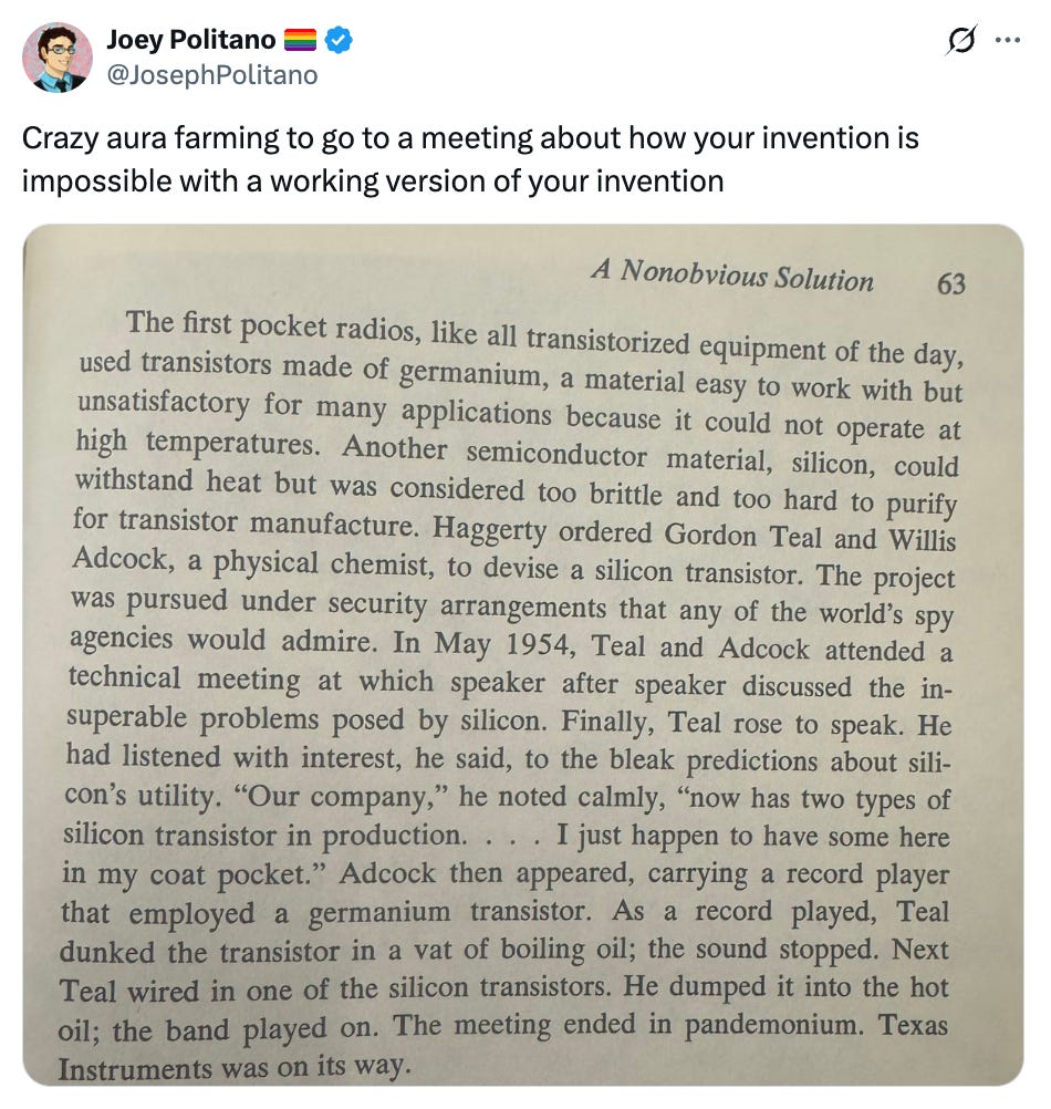 Post See new posts Conversation Joey Politano 🏳️🌈 @JosephPolitano Crazy aura farming to go to a meeting about how your invention is impossible with a working version of your invention Post See new posts Conversation Joey Politano 🏳️🌈 @JosephPolitano Crazy aura farming to go to a meeting about how your invention is impossible with a working version of your invention