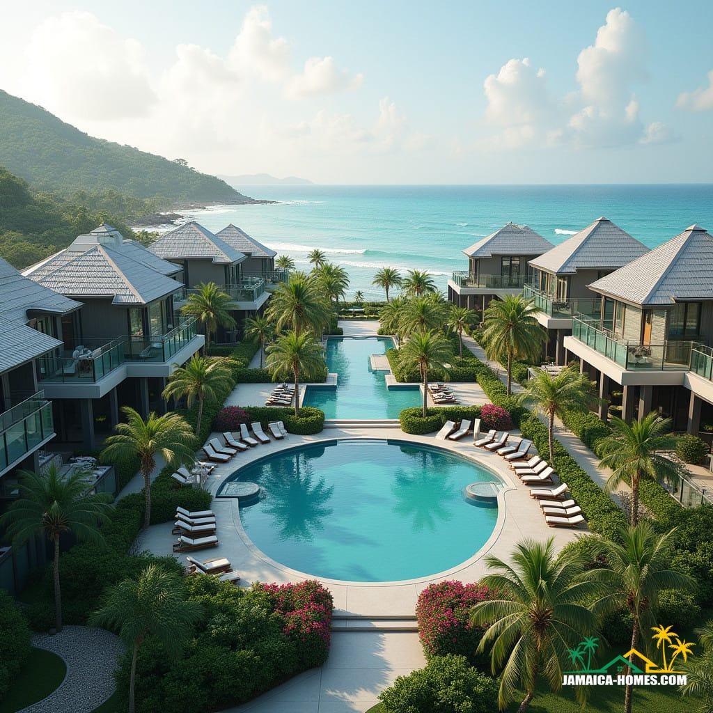 A modern and luxurious mixed-use development combining tourism and real estate in a tropical Jamaican setting. The scene features a series of beachfront resorts with attached luxury villas, all designed with sleek, contemporary architecture. The villas have glass facades, offering stunning views of the Caribbean Sea. In the foreground, a large, circular swimming pool adds an inviting, resort-like atmosphere. The design includes lush tropical landscaping with palm trees, vibrant flowers, and manicured lawns. The roofs of the buildings are pointed, providing a distinctive, elegant silhouette. Steel frame construction is evident, blending modern industrial style with the natural beauty of the Jamaican coastline. The overall scene conveys a harmonious blend of residential living and tourism, offering high-end amenities and a picturesque setting.
