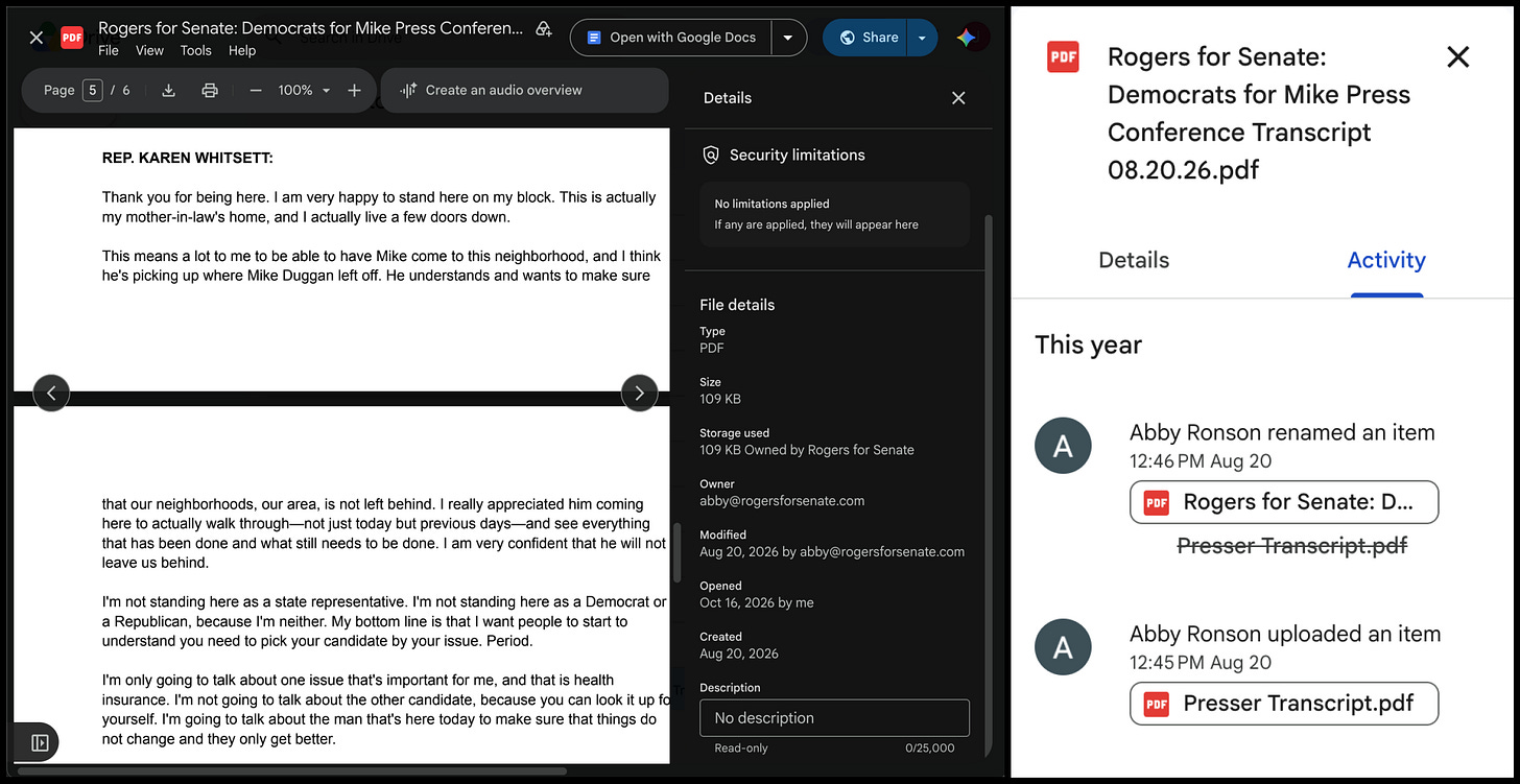 screenshot of the "Democrats for Mike Press Conference Transcript" google doc, showing Abby Ronson as the owner, with a @rogersforsenate.com email address screenshot of the "Democrats for Mike Press Conference Transcript" google doc, showing Abby Ronson as the owner, with a @rogersforsenate.com email address