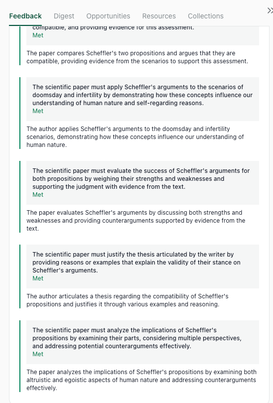 thesify feedback showing how a student's paper meets key academic goals, including thesis justification and counterargument evaluation