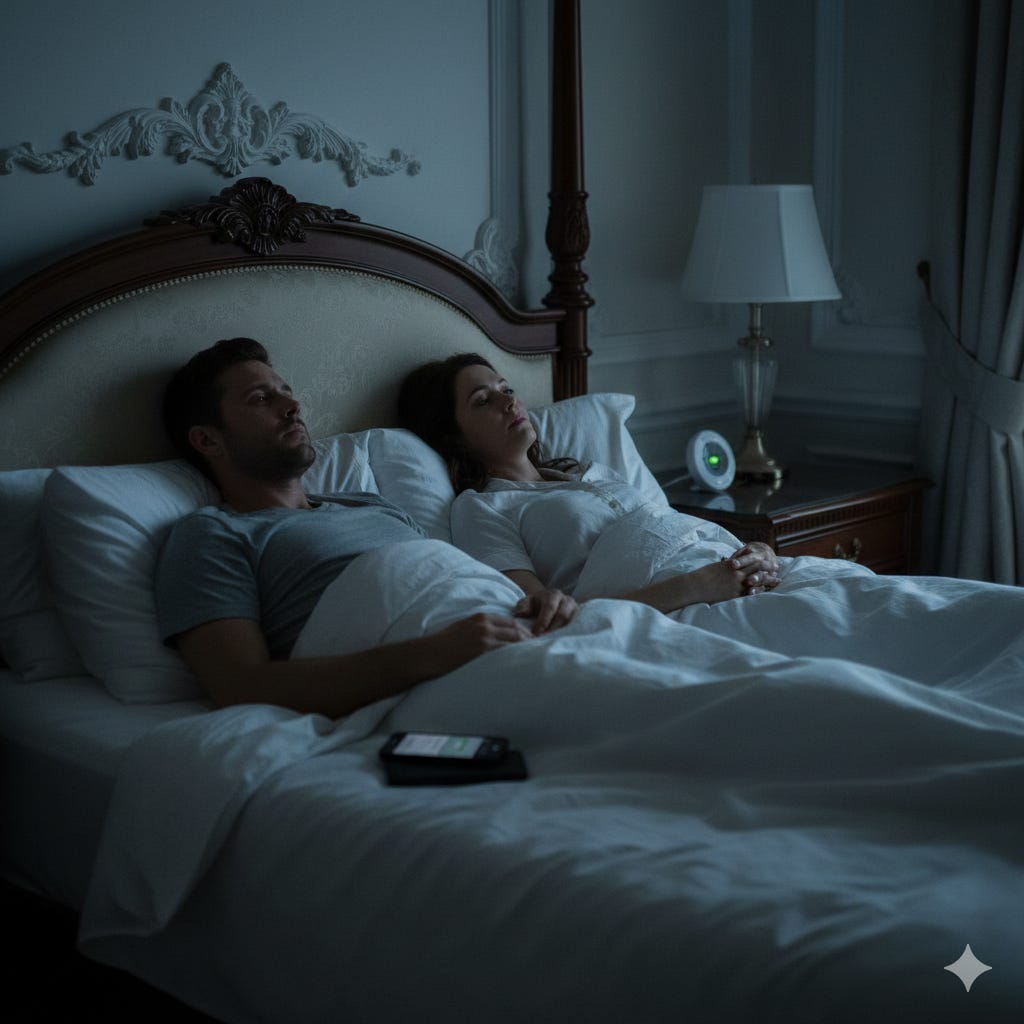 A couple lies awake in bed at 2am in an expensive, beautifully furnished bedroom. He looks at the ceiling, a phone placed beside him showing a recent bank notification. She faces away.