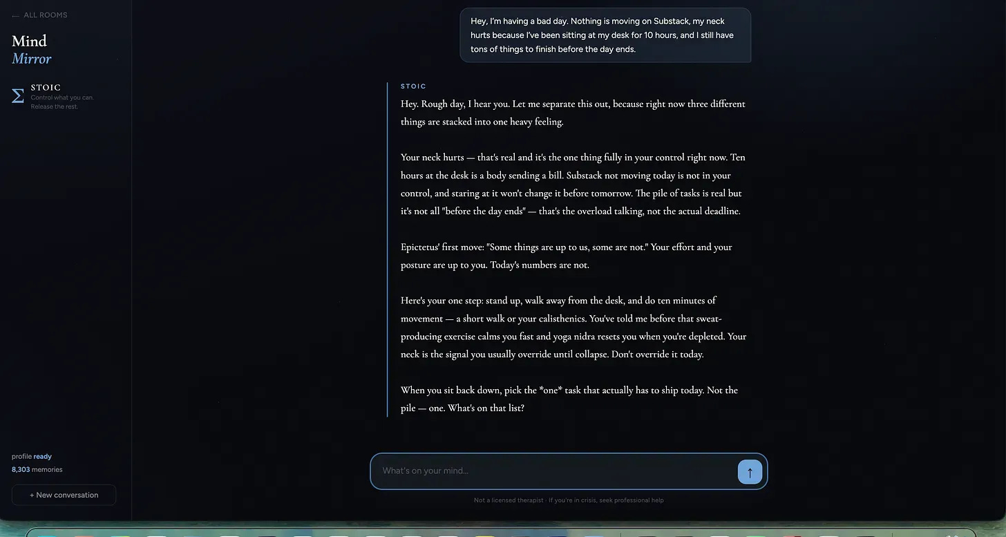 AI therapist answering a bad day message using patterns pulled from three years of exported chat history AI therapist answering a bad day message using patterns pulled from three years of exported chat history
