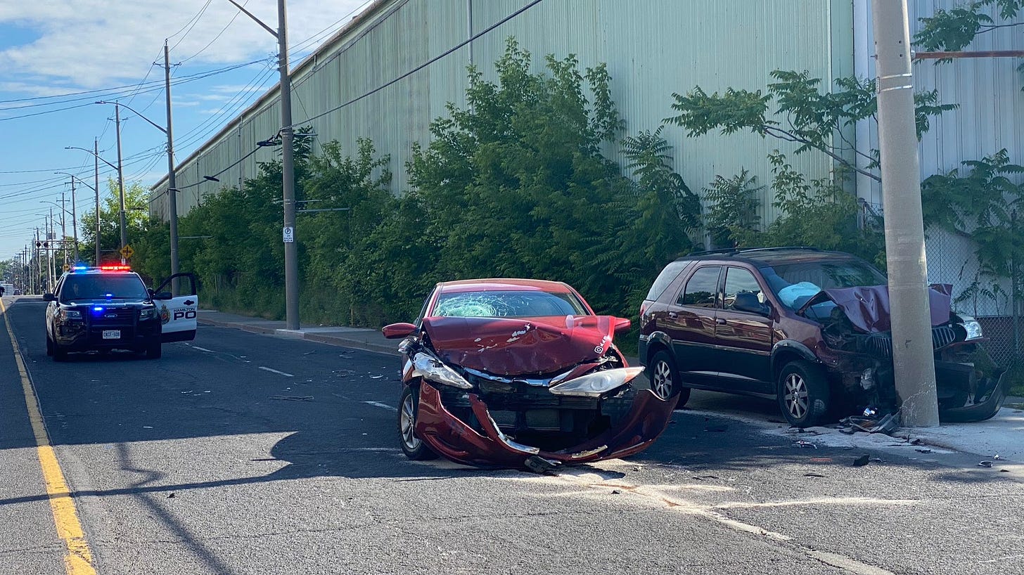Motor vehicle collision near Barton Street East and Wentworth Street North in 2020 - photo by Sylvie Lendvay, CHCH Motor vehicle collision near Barton Street East and Wentworth Street North in 2020 - photo by Sylvie Lendvay, CHCH