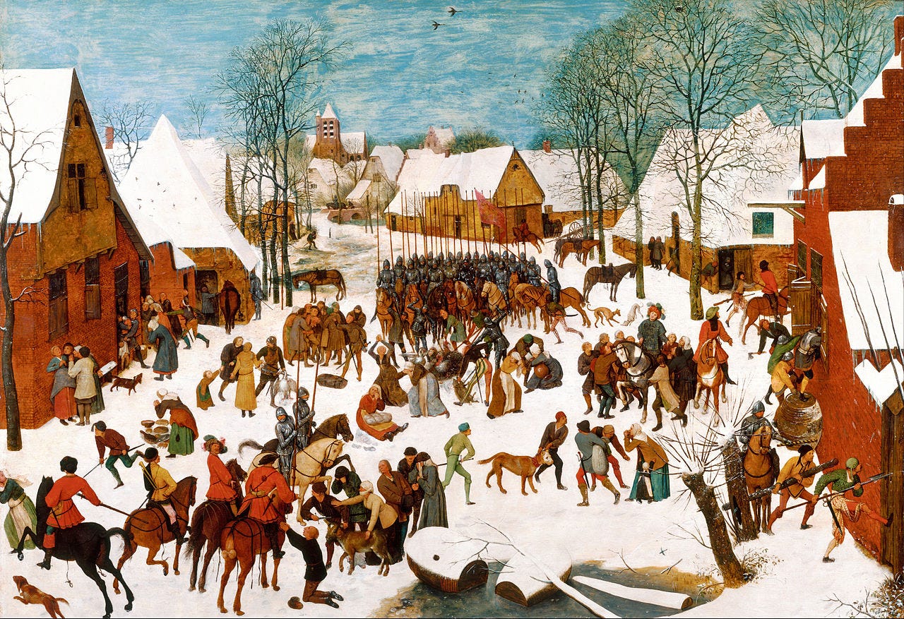 Pieter Bruegel the Elder, The Massacre of the Innocents, soldiers in a snowy Flemish village seizing villagers. Pieter Bruegel the Elder, The Massacre of the Innocents, soldiers in a snowy Flemish village seizing villagers.