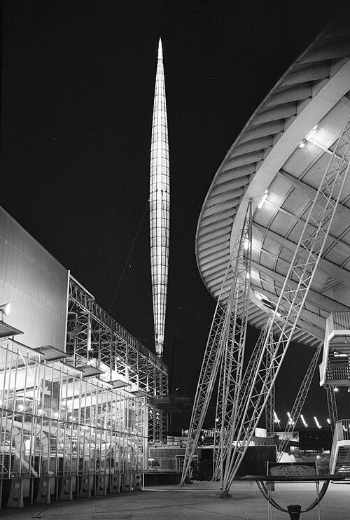 The illuminated Skylon rising against the night sky