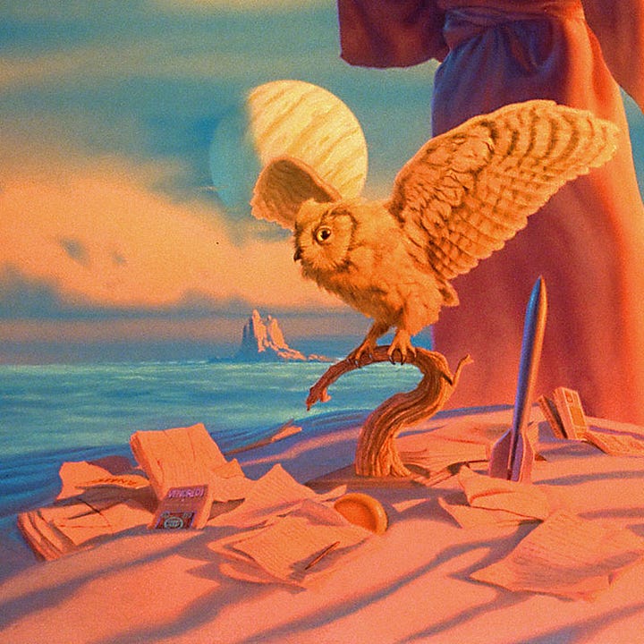 LEFT: Detail from LAST LOOK BACK featuring Robert Heinlein standing boldly in profile to face the twilight of an alien world. White hair recedes back on his forehead. A thin mustache traces his upper lip. He looks debonair, with the air of a mystic as shadow falls across the back of his coral robe.  RIGHT: Foreground detail from LAST LOOK BACK featuring an owl with wings spread as it perches on a curling branch set on a wooden base, lying among discarded papers and books in the rippling sand. A shiny rocket identical to the design of the Hugo Award points upward slightly askew.