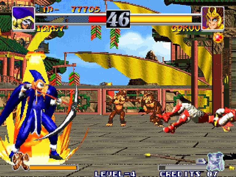 Two characters in a colorful fighting game, one in blue and one in red, are battling on a wooden platform with an Asian-themed backdrop. Health bars and "Level-4" text visible.