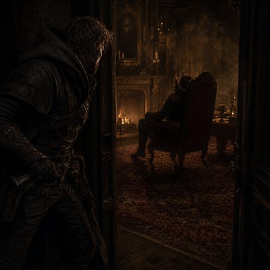 Greegan-focused perspective: a sandy-haired, wiry, hooded rogue stands in the doorway of a dim Barovian drawing room. Firelight flickers low, casting long shadows. A hulking figure sits slumped in a high-backed chair, mostly obscured by darkness. Only hints of unnatural features—suggestive horn-shapes beneath hair, faint heat-shimmer, distorted shadows—imply corruption without showing graphic detail. The air appears hazy as if touched by brimstone. Greegan’s wary stance dominates the foreground.