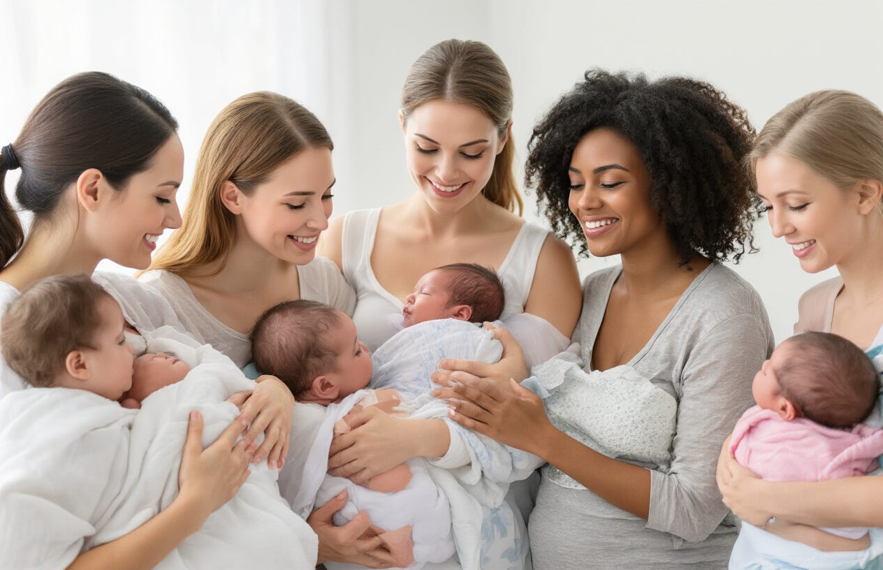 Create a realistic image of a diverse group of new mothers (white, black, and Asian females) supporting each other in a bright, airy room, with some showing healing C-section scars partially covered with scar tape, conveying a sense of empowerment and community around post-surgical recovery. Create a realistic image of a diverse group of new mothers (white, black, and Asian females) supporting each other in a bright, airy room, with some showing healing C-section scars partially covered with scar tape, conveying a sense of empowerment and community around post-surgical recovery.