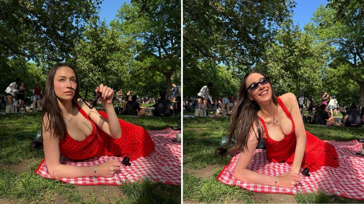 Photo of Elsie Hewitt took advantage of a sunny day and posed on a red picnic blanket. Photo of Elsie Hewitt took advantage of a sunny day and posed on a red picnic blanket.