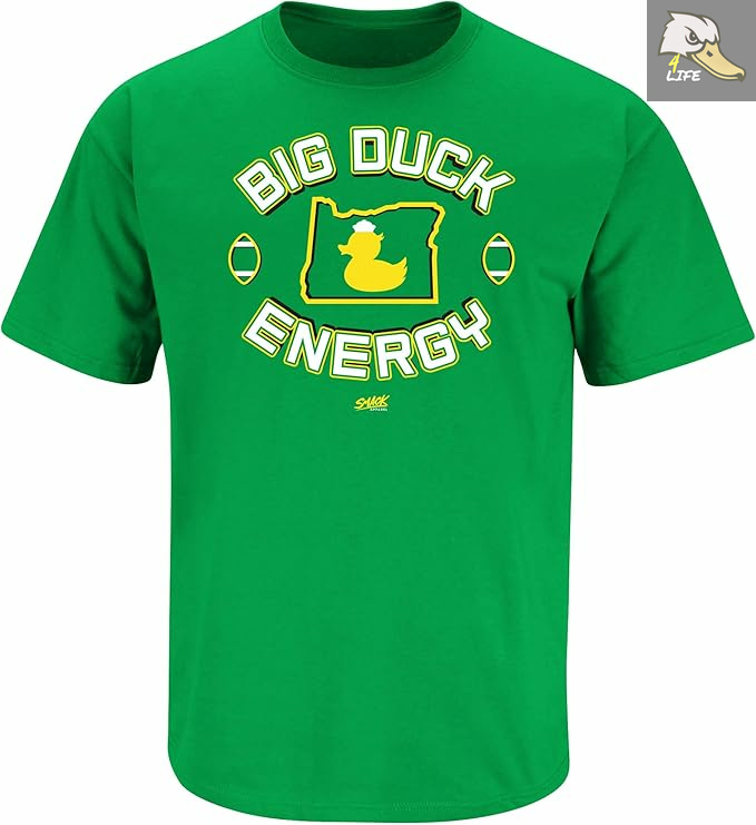 Green Oregon Ducks “Big Duck Energy” t-shirt featuring bold white and yellow lettering, state of Oregon outline, and yellow duck graphic. Deals on tickets, fan gear for gameday spirit, and premium Oregon Football content subscriptions at www.Ducks4.Life