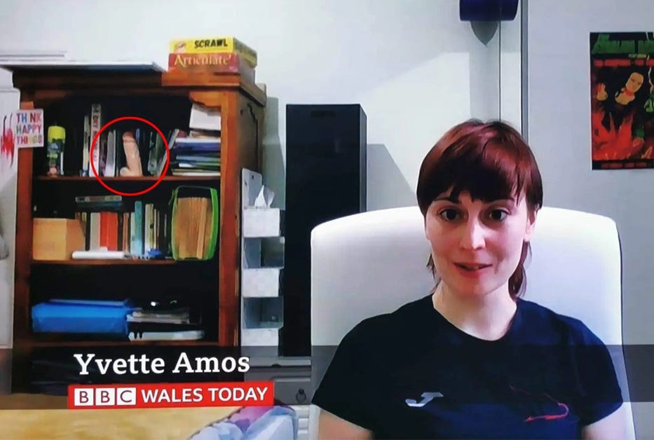 Screenshot of a briefly-viral 2021 BBC Wales interview with a woman who discussed her experience with unemployment. The woman sits at a desk in her living room, but on a bookshelf behind her and to the left of the screen, a realistic vinyl dildo sits on a bookshelf along with more mundane books and files, as well as a greeting card that says in cheerful colorful letters, 'THINK HAPPY THINGS.' Screenshot of a briefly-viral 2021 BBC Wales interview with a woman who discussed her experience with unemployment. The woman sits at a desk in her living room, but on a bookshelf behind her and to the left of the screen, a realistic vinyl dildo sits on a bookshelf along with more mundane books and files, as well as a greeting card that says in cheerful colorful letters, 'THINK HAPPY THINGS.'