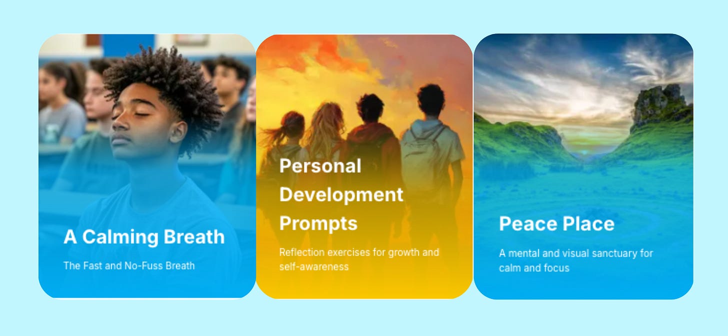 Three strategy cards: A Calming Breath (student meditating), Personal Development Prompts (students watching sunset), and Peace Place (mountain landscape). Strategies for quick social-emotional learning and self-regulation.