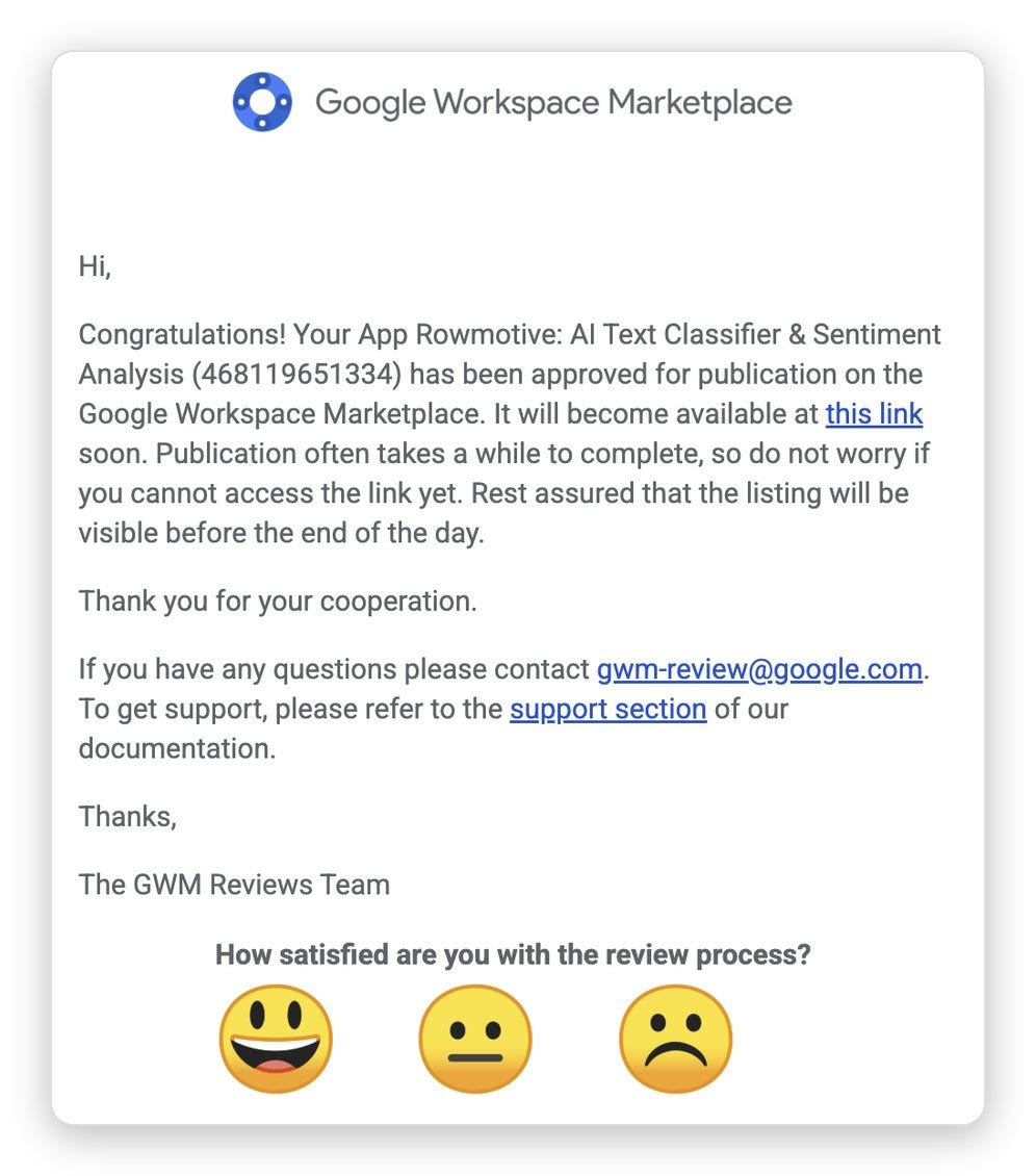 Google’s approval email arrived while I was eating breakfast. Google’s approval email arrived while I was eating breakfast.