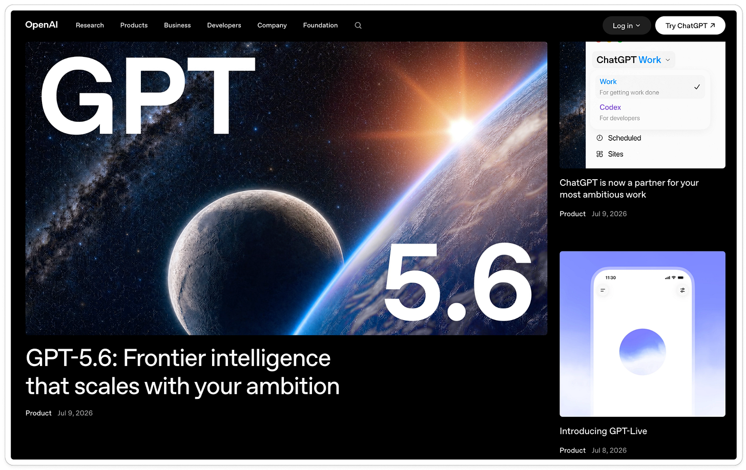 OpenAI’s July 2026 ChatGPT updates showing GPT-5.6, ChatGPT Work and Codex modes, and the new GPT-Live voice experience.