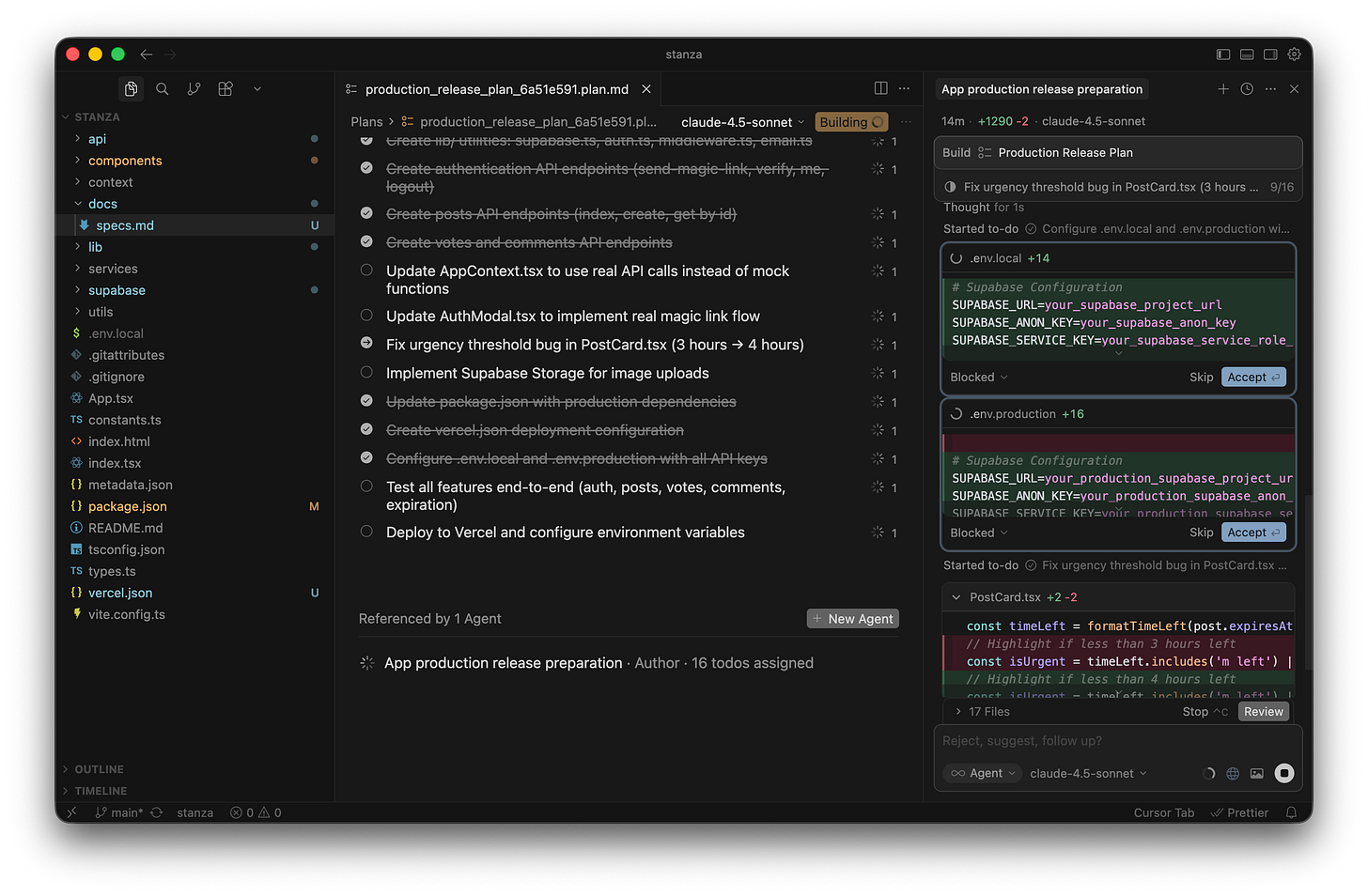 The Cursor interface shows a split view with the development checklist on the left and colored code diffs waiting for approval on the right. The Cursor interface shows a split view with the development checklist on the left and colored code diffs waiting for approval on the right.